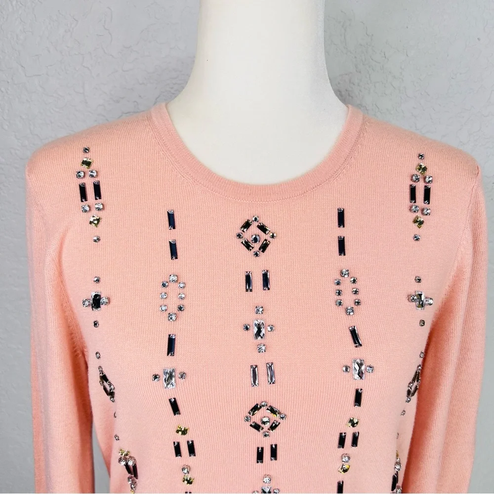 Ann Taylor Blush Pink Gemstone Embellished Wool Blend Knit Crew Neck Sweater